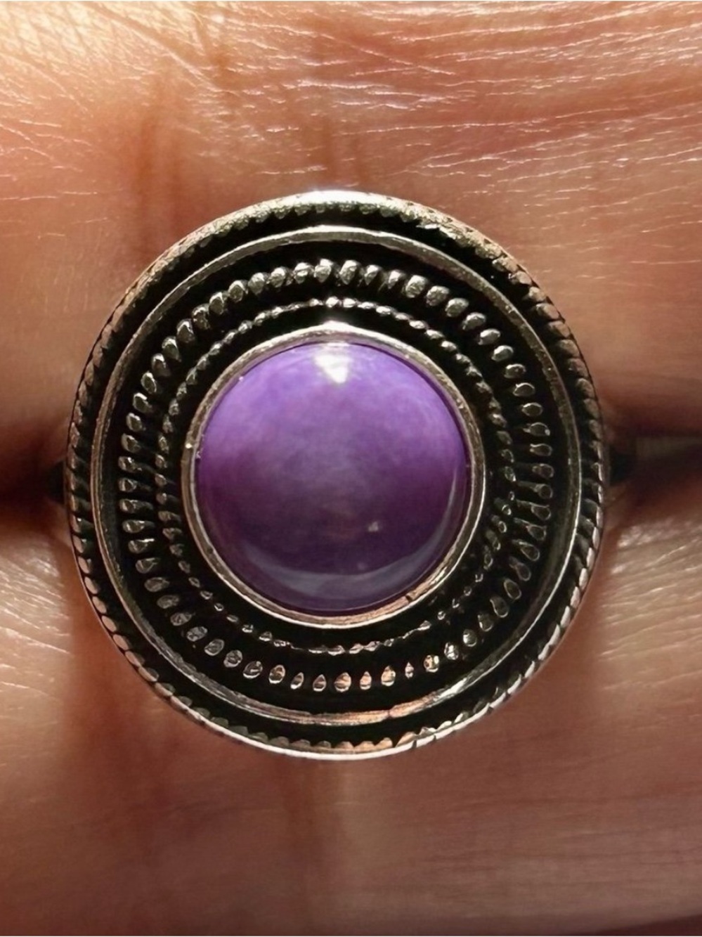 Purple Amethyst Stone Silver Ring Size 7  Round Infinity Design - Women Jewelry